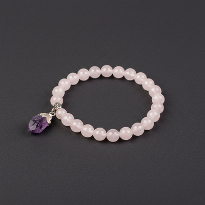 PEMBE KUVARS -AMETİST SALANTILI TAŞI ELASTİK BİLEKLİK 8 MM