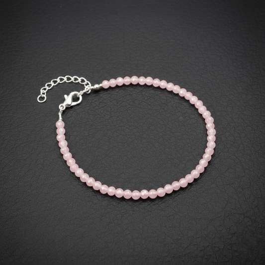FERTAŞ Pembe Kuvars Taşı Gümüş Aksamlı Bileklik 4 mm | Doğal Taş Bileklik