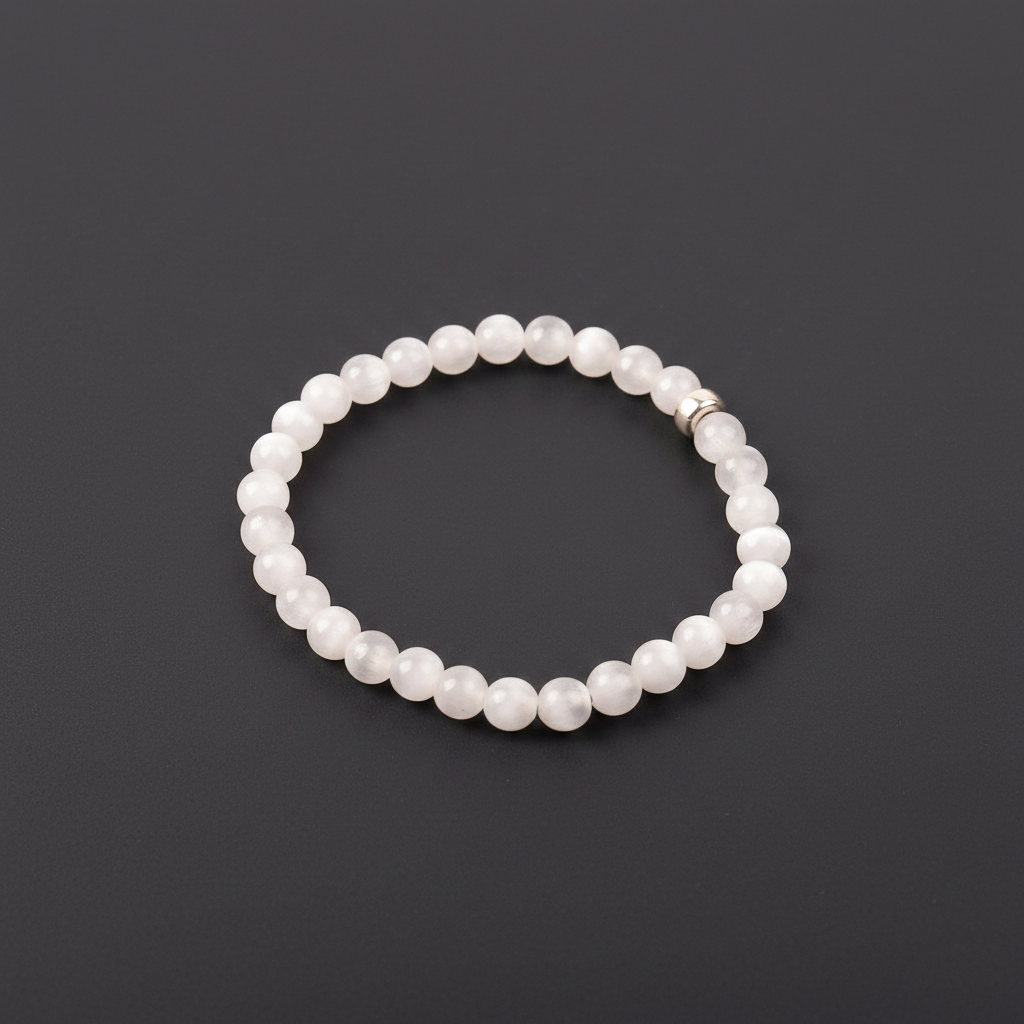 SELENİT TAŞI ELASTİK BİLEKLİK-GÜMÜŞ AKSAMLI 6 MM